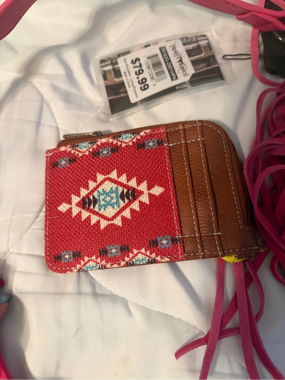 Trinity Ranch White Hair-on Hide Crossbody Bag with Pink Fringe - Picture 2 of 10